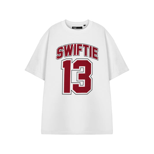 White - Front - Show Me The Merch Womens-Ladies Swiftie 13 Taylor Swift Short-Sleeved T-Shirt