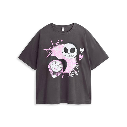 Black-Pink - Front - Nightmare Before Christmas Womens-Ladies Jack and Sally Short-Sleeved Long Pyjama Set