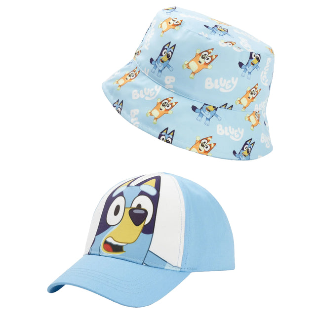 Blue-White - Front - Bluey Childrens-Kids Bucket Hat & Cap Set