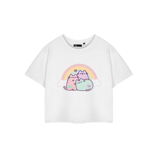 White - Front - Pusheen Womens-Ladies Rainbow Short-Sleeved Crop Top