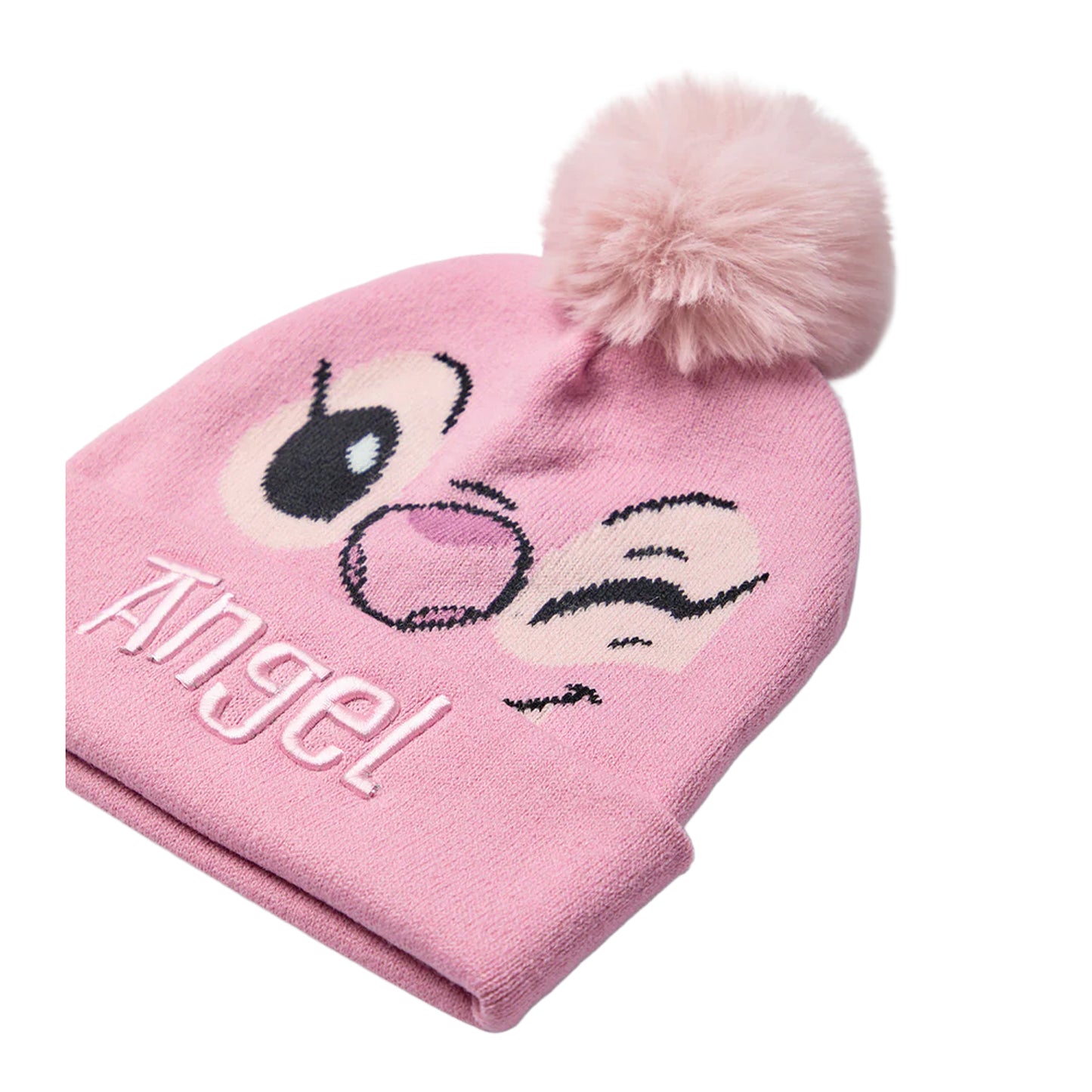 Pink - Side - Lilo & Stitch Girls Face Angel Beanie & Gloves Set