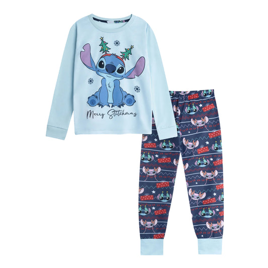 Blue - Front - Lilo & Stitch Childrens-Kids Long-Sleeved Christmas Long Pyjama Set