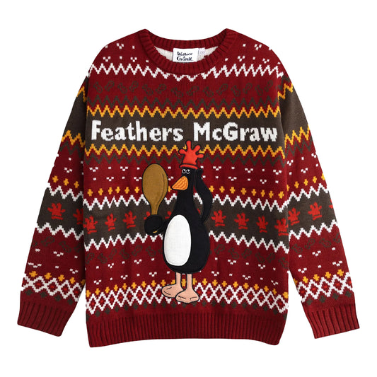 Red - Front - Wallace and Gromit Unisex Adult Feathers McGraw Christmas Jumper
