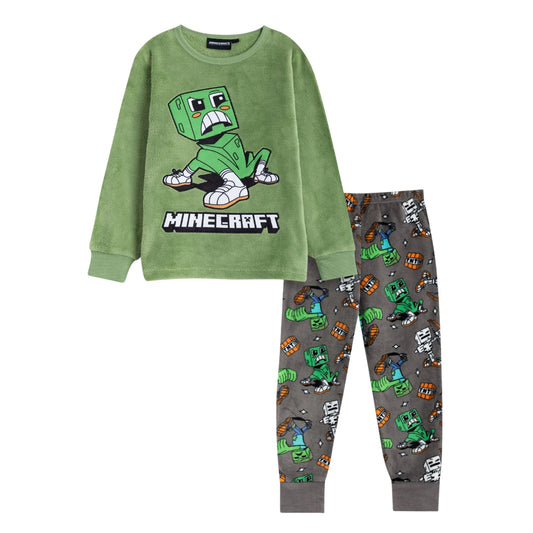 Green-Grey - Front - Minecraft Boys Creeper Long-Sleeved Long Pyjama Set