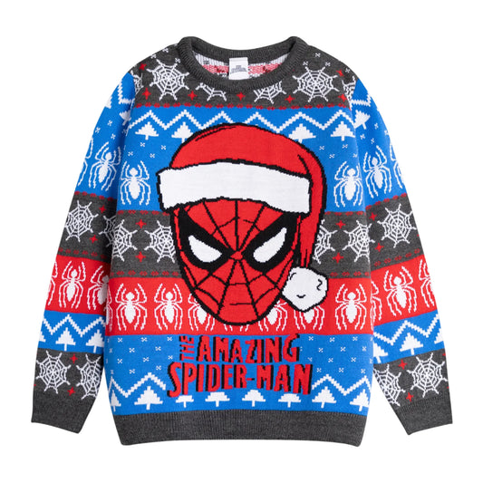 Blue - Front - Spider-Man Boys Face Christmas Jumper