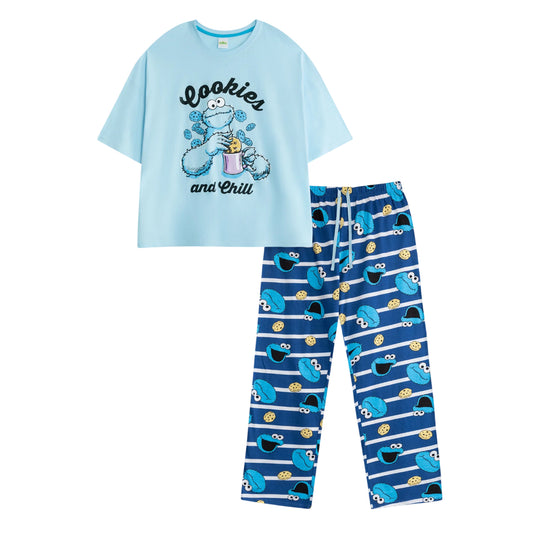 Blue - Front - Sesame Street Womens-Ladies Cookie Monster Short-Sleeved Long Pyjama Set
