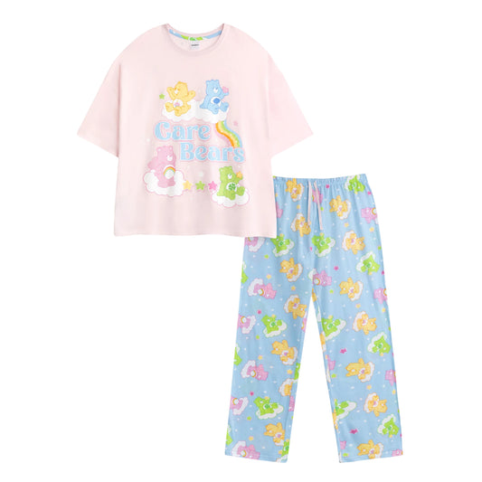 Pink-Blue - Front - Care Bears Womens-Ladies Character Short-Sleeved Long Pyjama Set