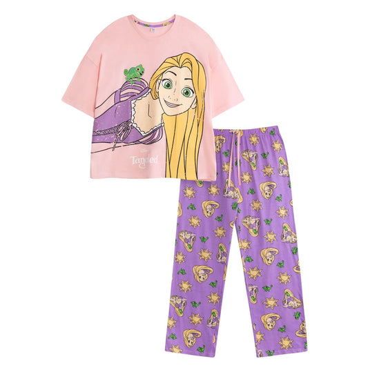 Pink-Purple - Front - Tangled Womens-Ladies Rapunzel Short-Sleeved Long Pyjama Set