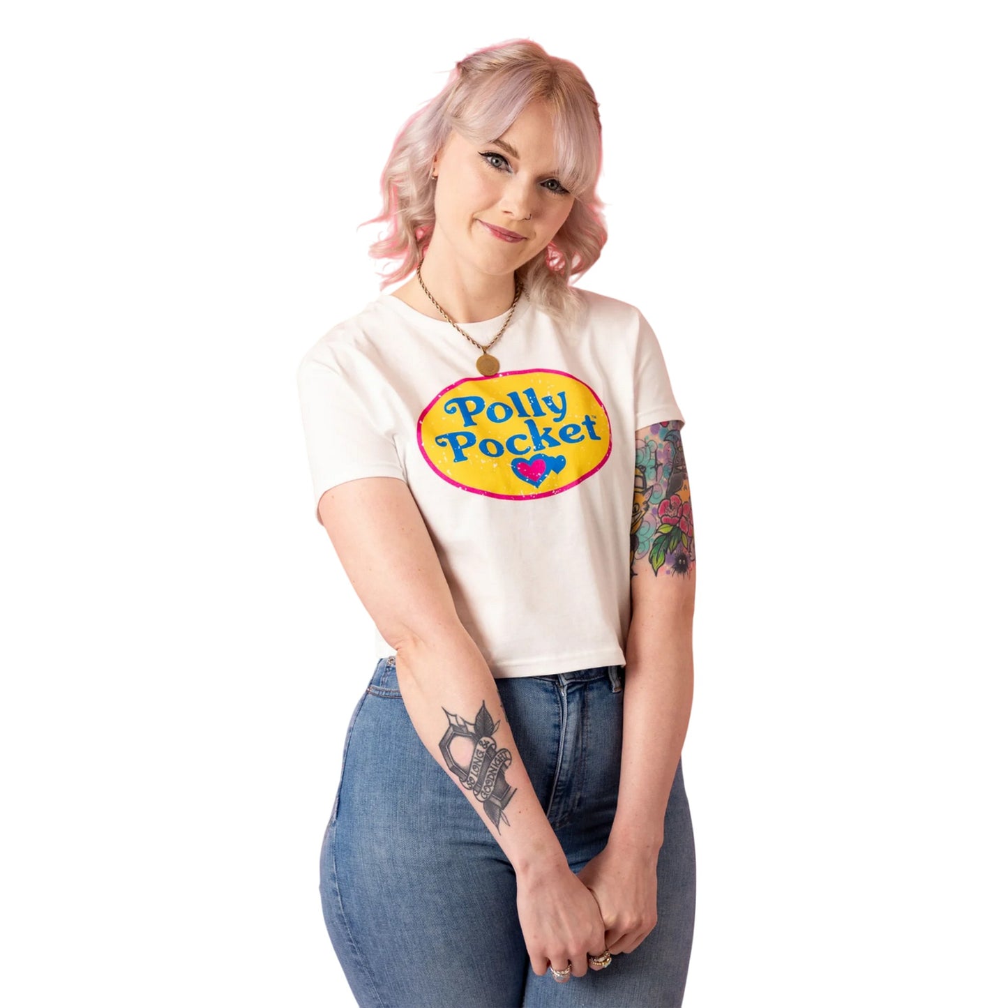 White - Close up - Polly Pocket Womens-Ladies Retro Logo Crop T-Shirt