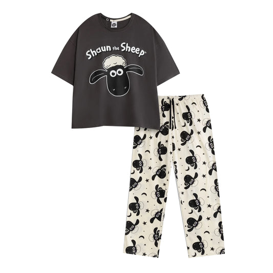 Grey-White - Front - Shaun the Sheep Womens-Ladies Character Short-Sleeved Long Pyjama Set