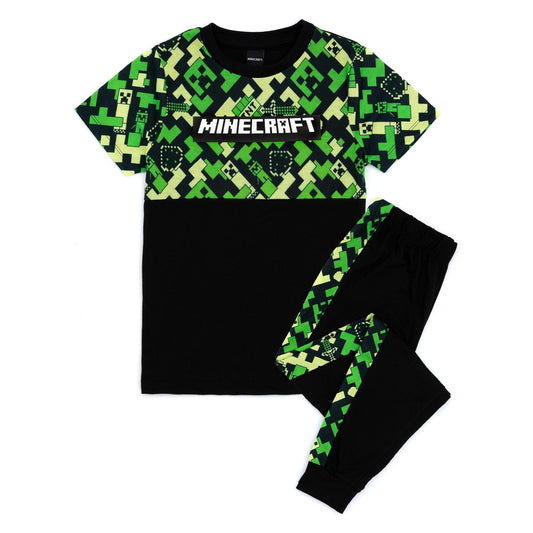Green-Black - Front - Minecraft Boys Creeper Short-Sleeved Long Pyjama Set