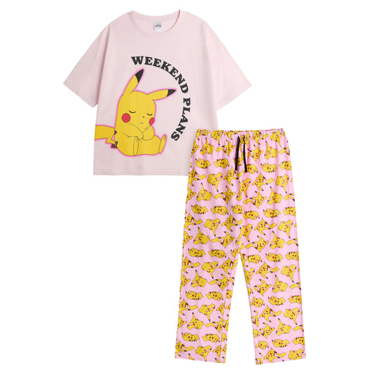 Pink - Front - Pokemon Womens-Ladies Pikachu Short-Sleeved Long Pyjama Set