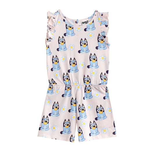 Pink - Front - Bluey Girls Flowers All-Over Print Sleeveless Playsuit