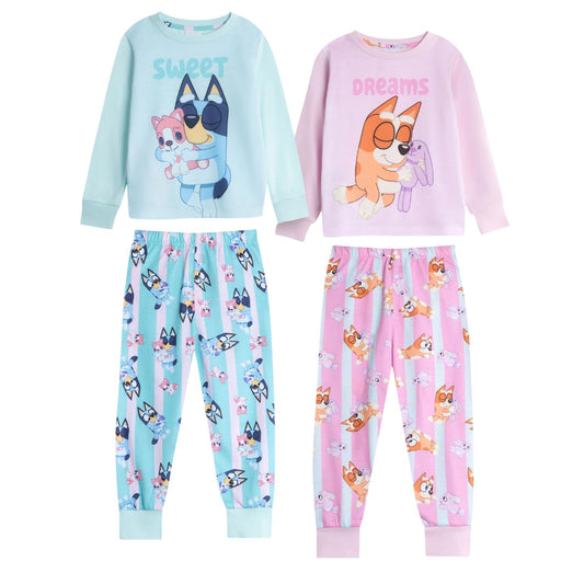 Pink-Blue - Front - Bluey Girls Bluey & Bingo Long Pyjama Set (Pack of 2)