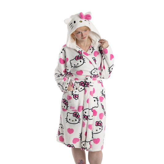 White-Pink-Black - Front - Hello Kitty Womens-Ladies Hearts Robe
