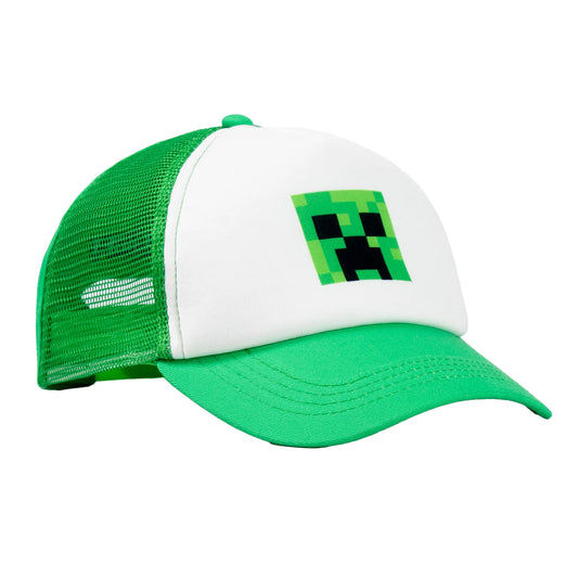Green-White - Front - Minecraft Boys Creeper Curved Peak Snapback Cap