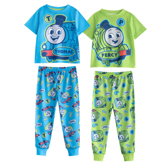 Blue-Green - Front - Thomas And Friends Boys Thomas And Percy Short-Sleeved Long Pyjama Set (Pack of 2)