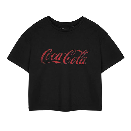 Black - Front - Coca-Cola Womens-Ladies Short-Sleeved Crop T-Shirt