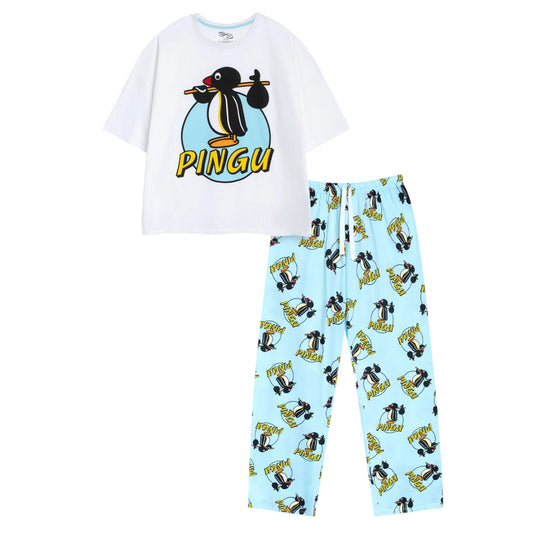 Blue-White - Front - Pingu Womens-Ladies Character Short-Sleeved Long Pyjama Set