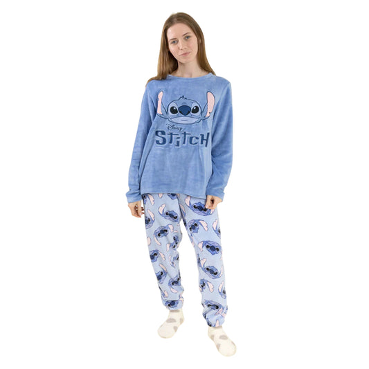 Blue - Front - Lilo & Stitch Womens-Ladies Stitch Long-Sleeved Long Pyjama Set