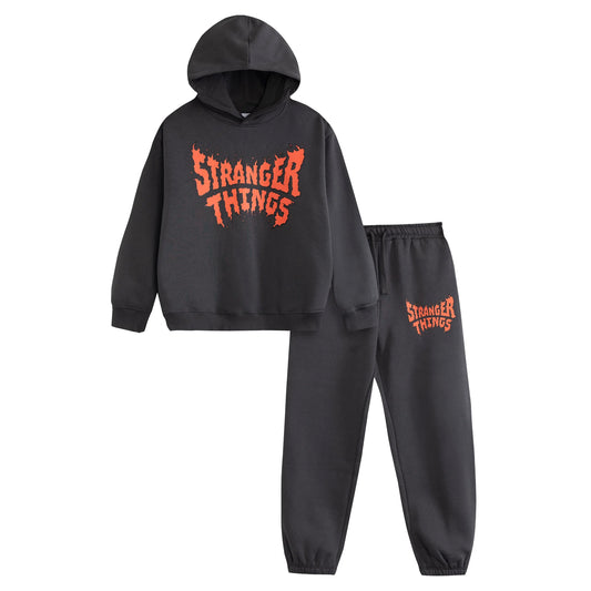 Grey - Front - Stranger Things Childrens-Kids Logo Hoodie And Joggers Set