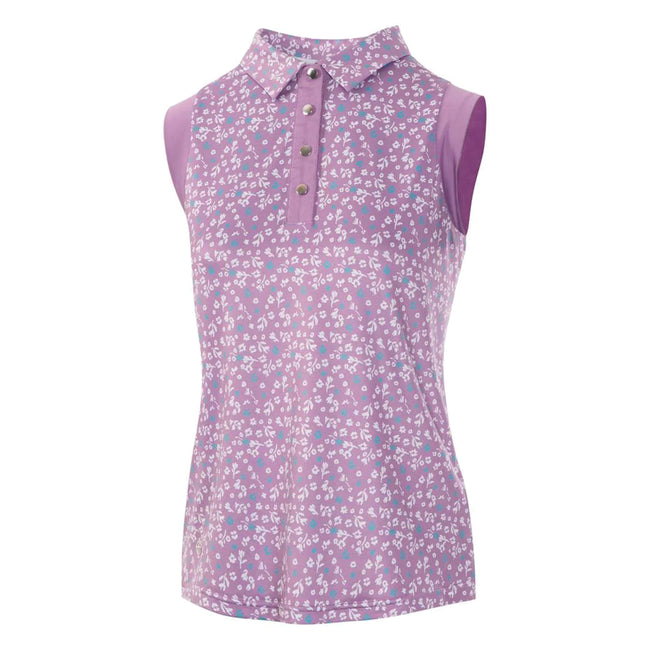 Purple-White - Front - Island Green Womens-Ladies Floral Sleeveless Golf Polo Shirt