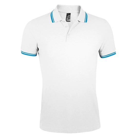 White-Aqua Blue - Front - SOLS Mens Pasadena Tipped Short Sleeve Pique Polo Shirt