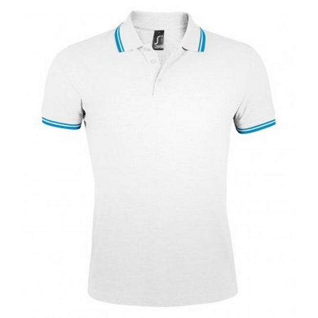 White-Aqua Blue - Front - SOLS Mens Pasadena Tipped Short Sleeve Pique Polo Shirt