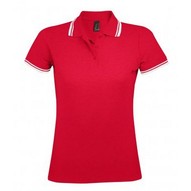 Red-White - Front - SOLS Womens-Ladies Pasadena Tipped Short Sleeve Pique Polo Shirt