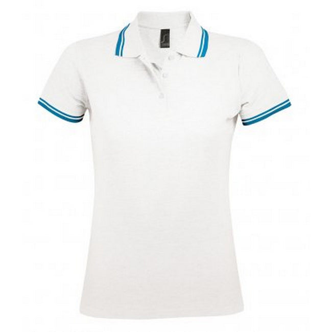 White-Aqua Blue - Front - SOLS Womens-Ladies Pasadena Tipped Short Sleeve Pique Polo Shirt
