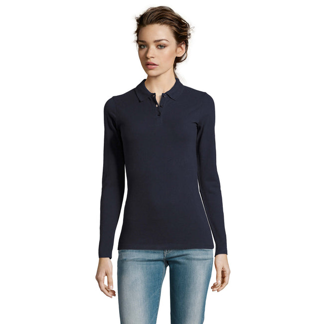 French Navy - Back - SOLS Womens-Ladies Perfect Long Sleeve Pique Polo Shirt