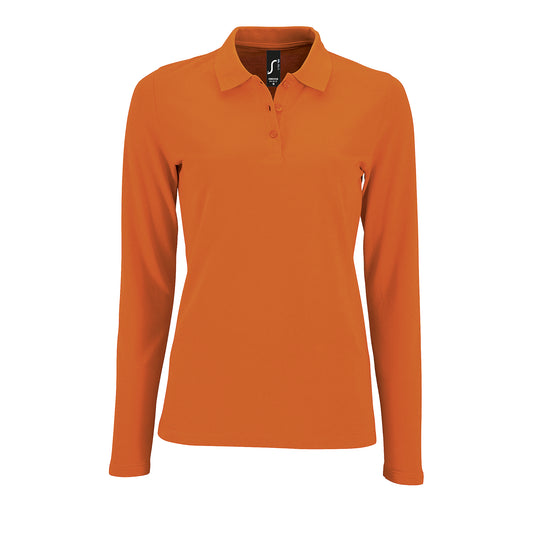 Orange - Front - SOLS Womens-Ladies Perfect Long Sleeve Pique Polo Shirt