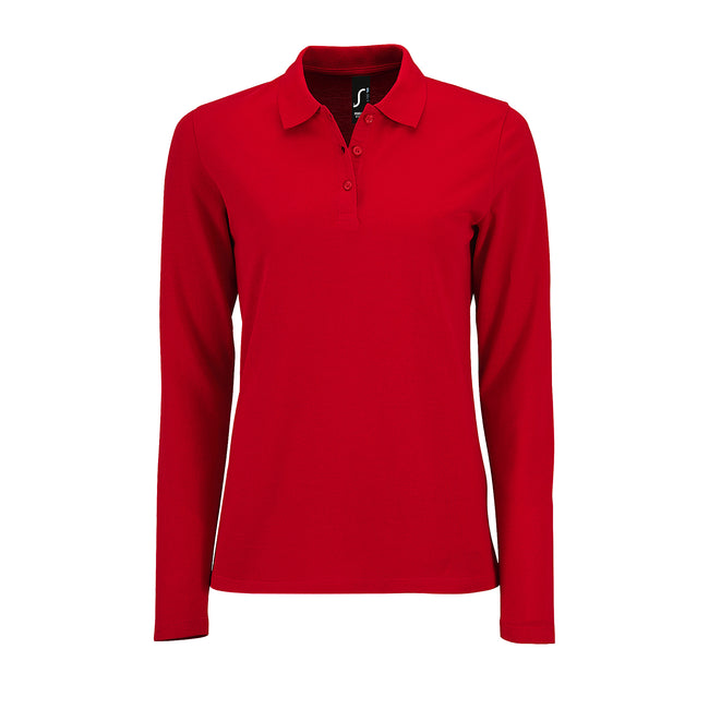 Red - Front - SOLS Womens-Ladies Perfect Long Sleeve Pique Polo Shirt
