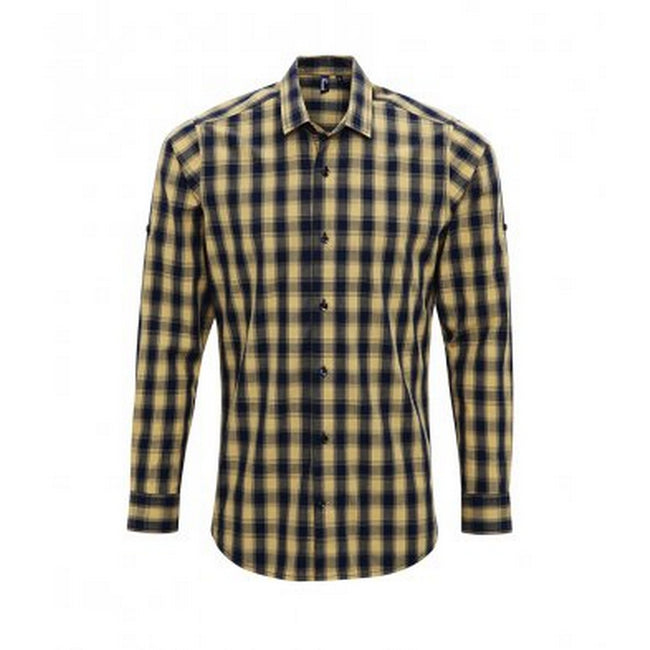 Camel-Navy - Front - Premier Mens Mulligan Check Long Sleeve Shirt