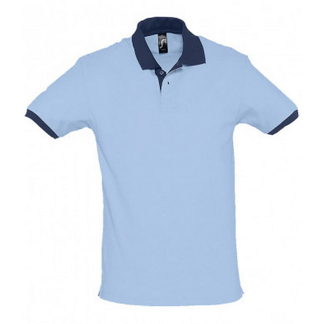 Sky Blue-French Navy - Front - SOLS Prince Unisex Contrast Pique Short Sleeve Cotton Polo Shirt