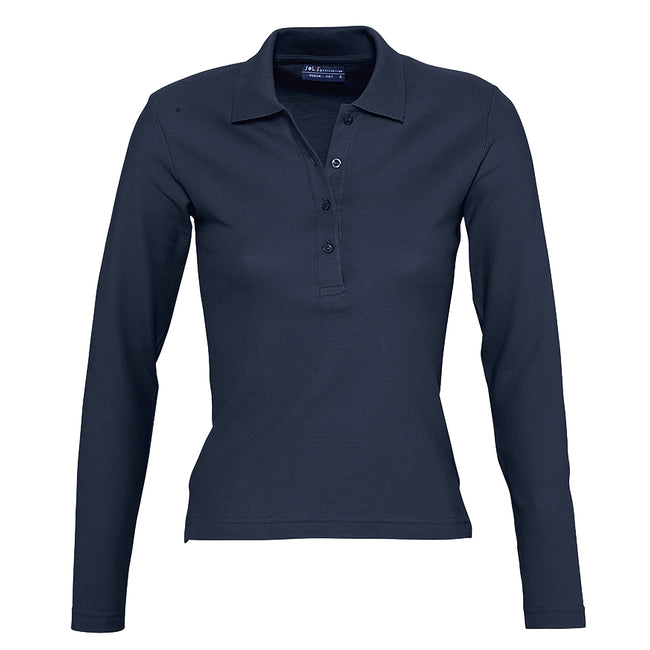 Navy - Front - SOLS Womens-Ladies Podium Cotton Pique Long-Sleeved Polo Shirt