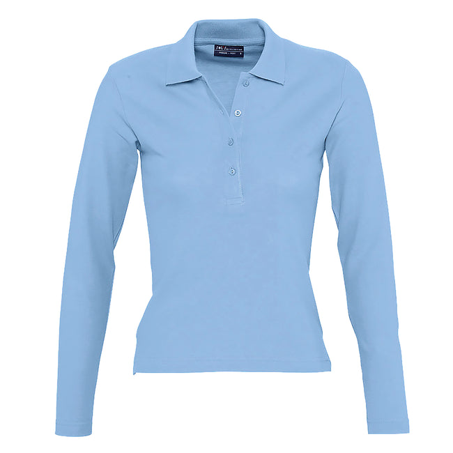 Sky Blue - Front - SOLS Womens-Ladies Podium Cotton Pique Long-Sleeved Polo Shirt