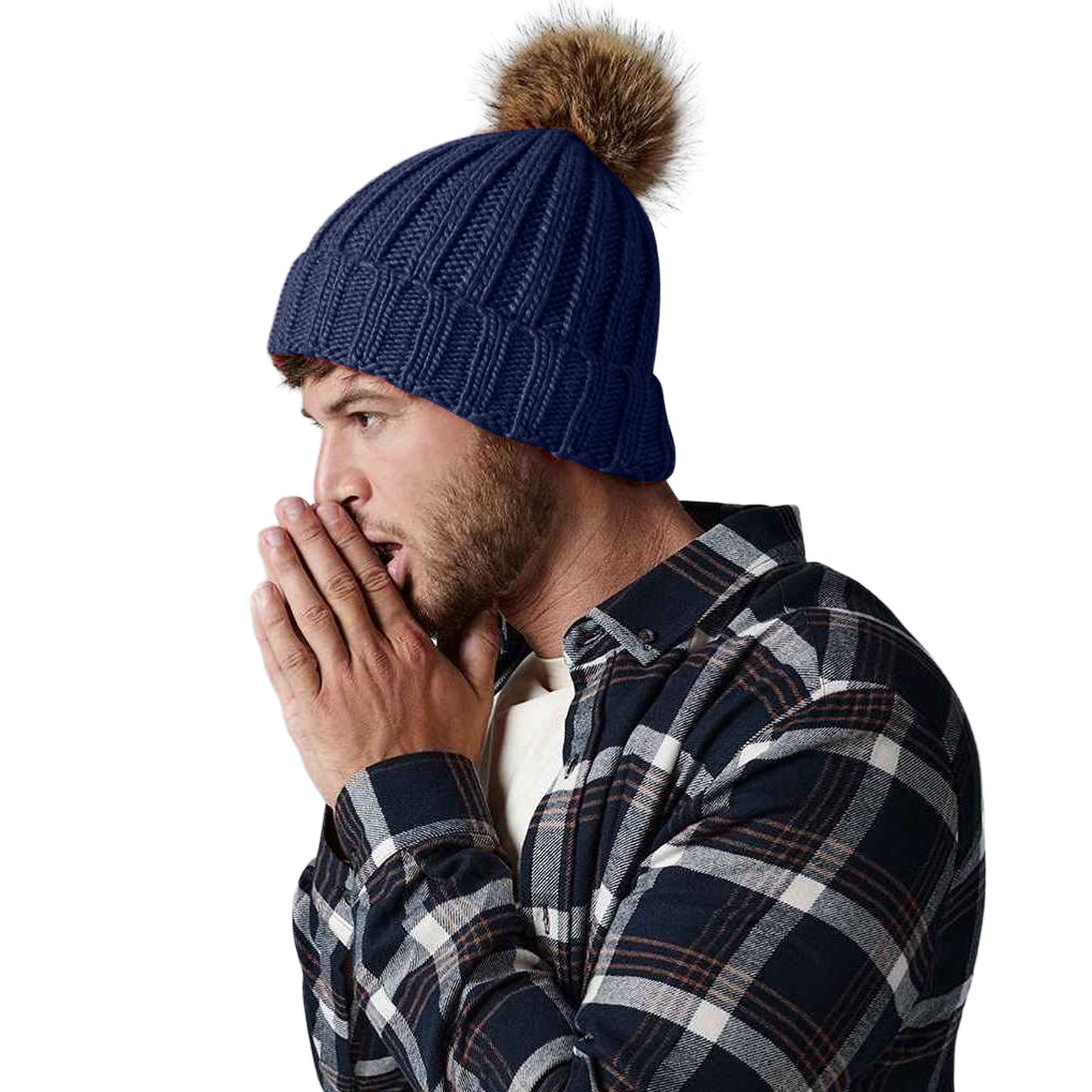 Navy - Back - Beechfield Unisex Fur Pop Pom Chunky Beanie
