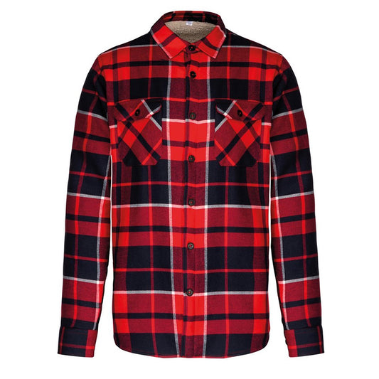 Red-Navy - Front - Kariban Mens Sherpa Lined Checked Shirt Jacket