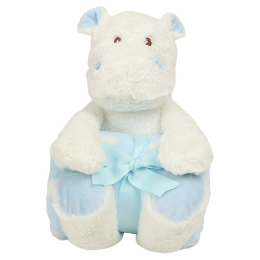White-Blue - Front - Mumbles Hippo With Printed Fleece Blanket
