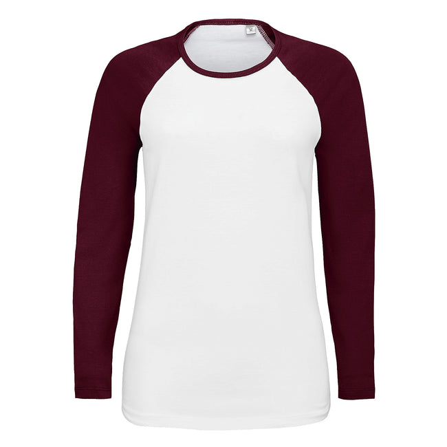 White-Burgundy - Front - SOLS Womens-Ladies Milky Contrast Long Sleeve T-Shirt