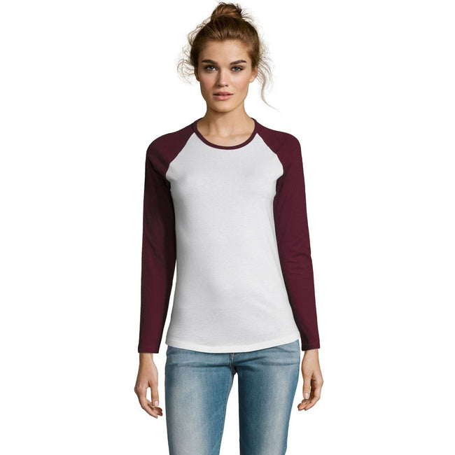 White-Burgundy - Back - SOLS Womens-Ladies Milky Contrast Long Sleeve T-Shirt