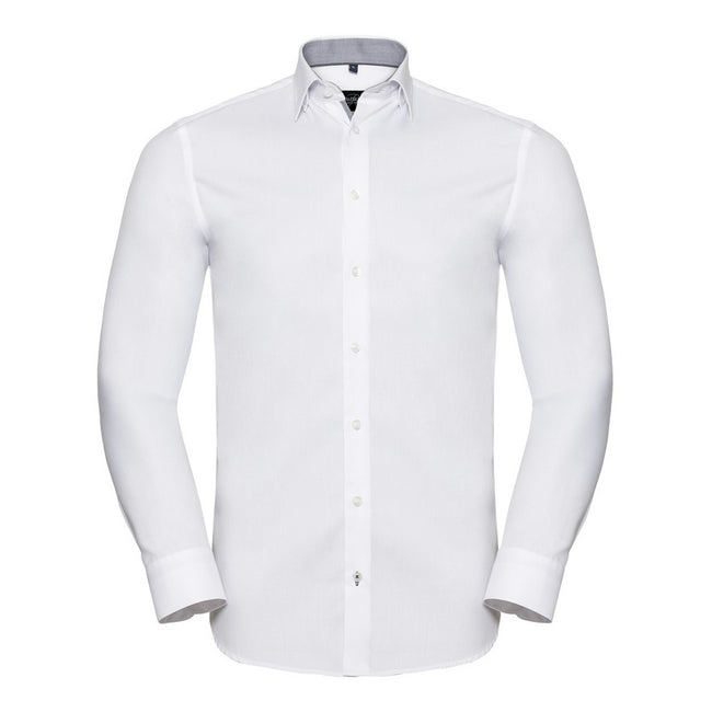 White-Silver - Front - Russell Collection Mens Long Sleeve Contrast Herringbone Shirt
