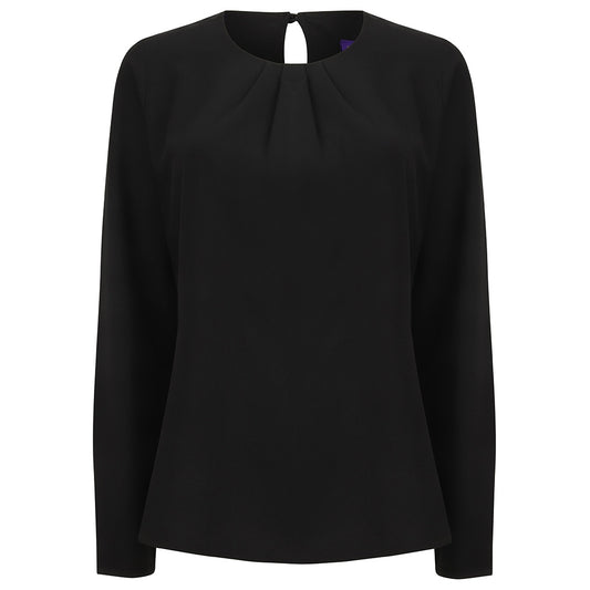 Black - Front - Henbury Womens-Ladies Pleat Front Long Sleeve Blouse