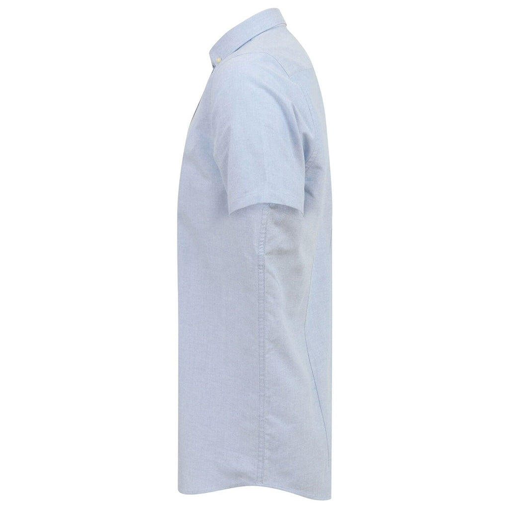 Blue - Side - Henbury Mens Modern Short Sleeve Slim Fit Oxford Shirt