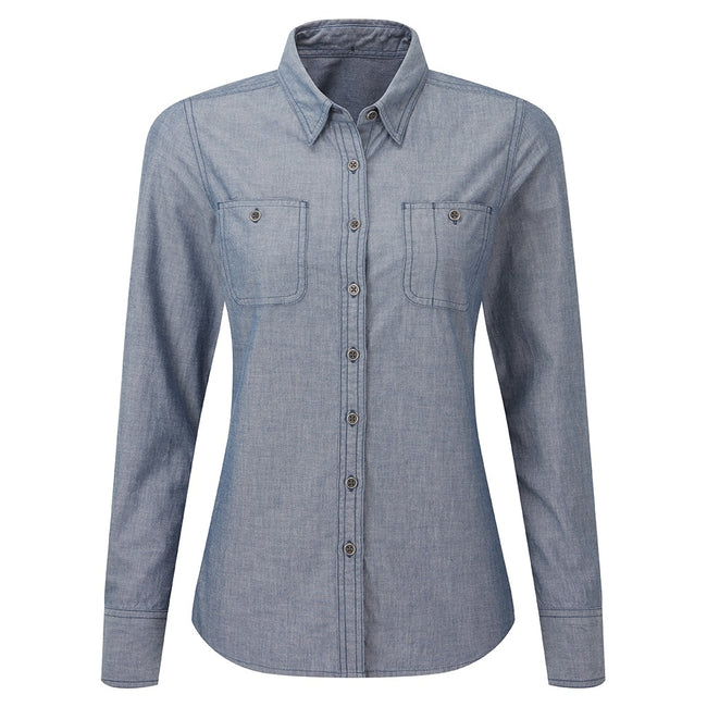 Indigo Denim - Front - Premier Womens-Ladies Chambray Organic Long-Sleeved Shirt