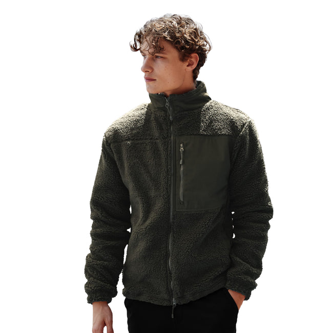 Dark Olive - Back - Front Row Unisex Adult Sherpa Recycled Fleece Jacket