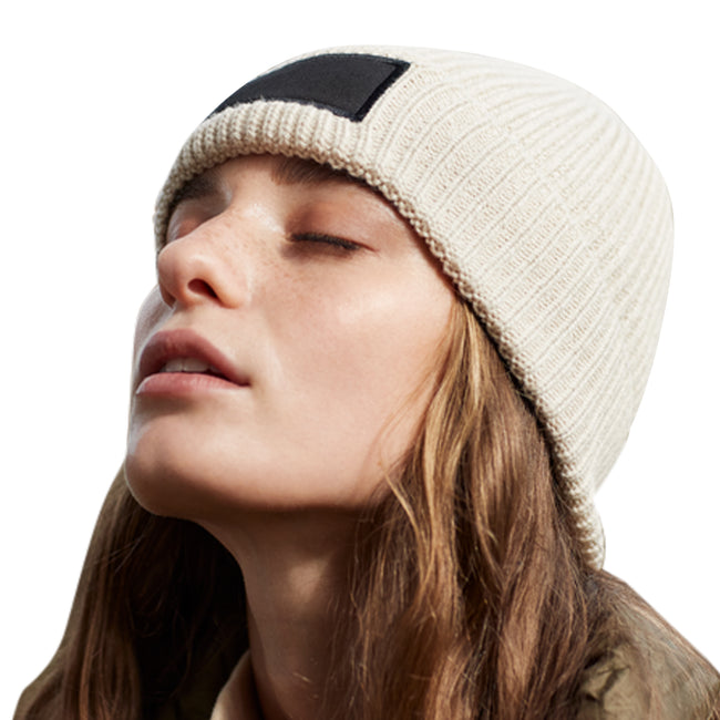 Oatmeal-Black - Side - Beechfield Fashion Woven Patch Beanie