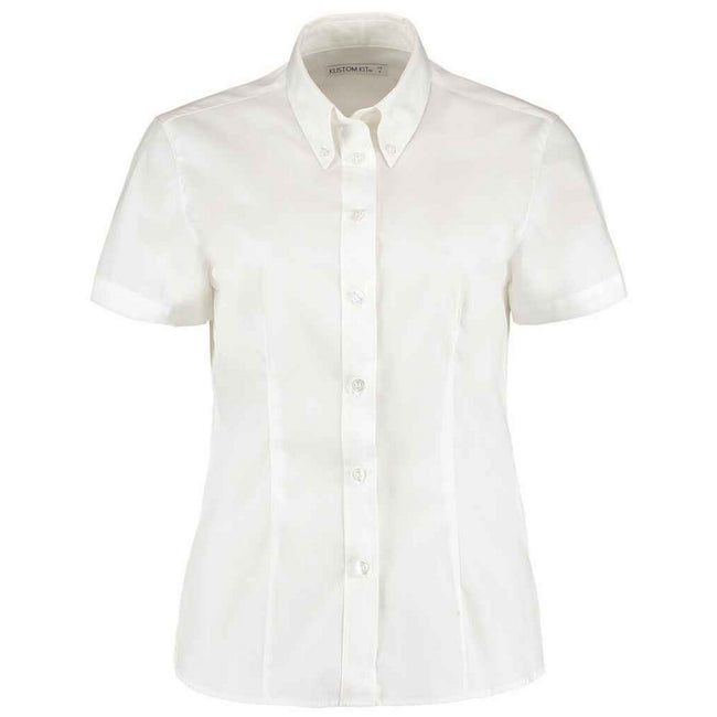 White - Front - Kustom Kit Womens-Ladies Premium Oxford Tailored Short-Sleeved Shirt