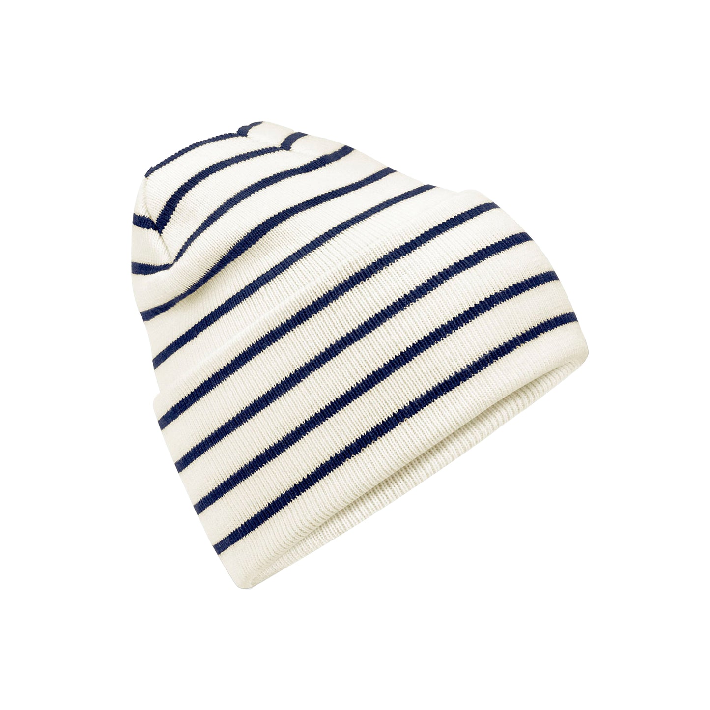 Soft White-French Navy - Front - Beechfield Unisex Adult Original Striped Deep Cuffed Beanie